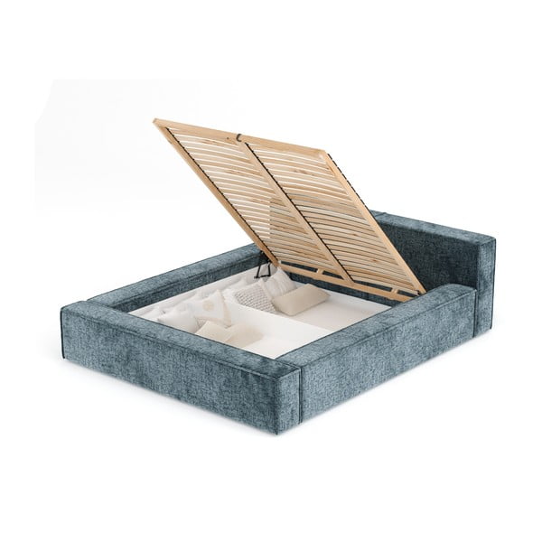 Dūmakaini zila polsterēta divvietīga gulta ar veļas kasti un redelēm 180x200 cm Voliera – Maison de Rêve-image-4