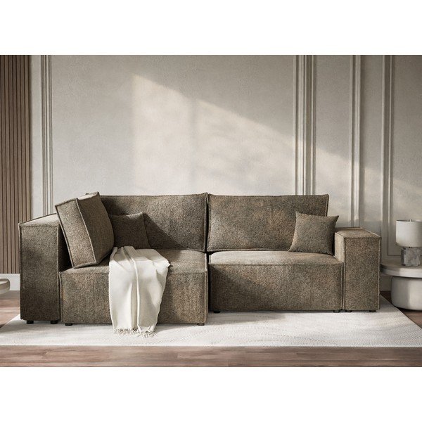 Brūns salokāms stūra dīvāns no šenila auduma ar uzglabāšanas vietu (ar kreiso stūri/L veida) Tonga – Maison de Rêve-image-1