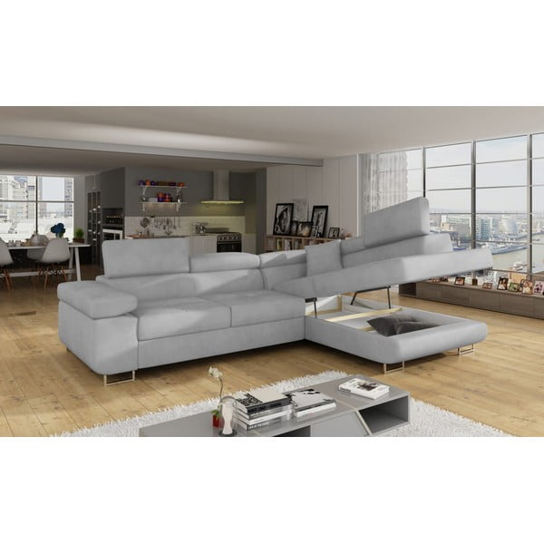 Gaiši pelēks samta salokāms/ar uzglabāšanas vietu stūra dīvāns (ar labo stūri/L veida) Anton – ELTAP-image-4