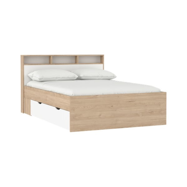 Dabīga toņa divvietīga gulta ar ozolkoka imitāciju bez režģa un ar veļas kasti 140x200 cm Ikast – Tvilum