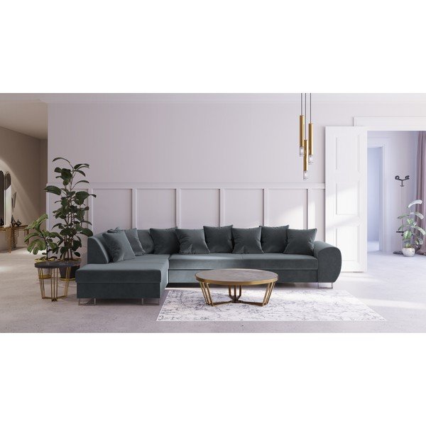 Pelēks samta stūra dīvāns Kooko Home Calmato, kreisais stūris-image-1