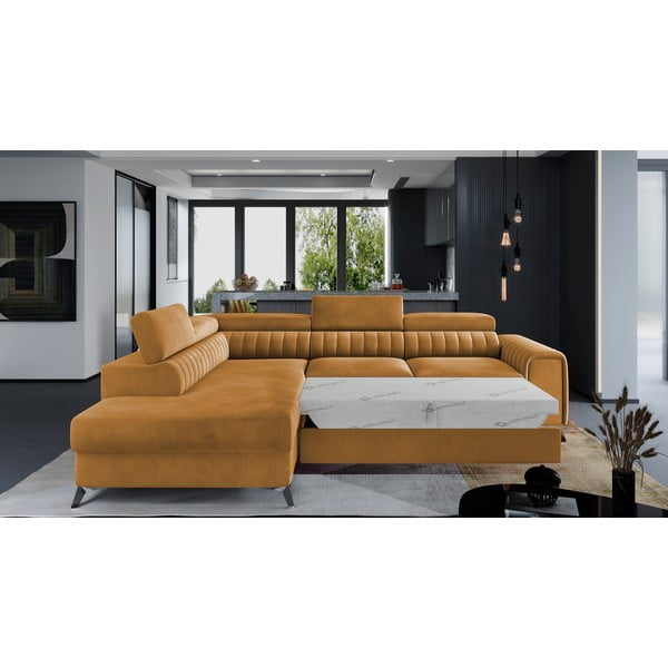 Dzeltens samta salokāms/ar uzglabāšanas vietu stūra dīvāns (ar kreiso stūri/L veida) Laurence – ELTAP-image-2