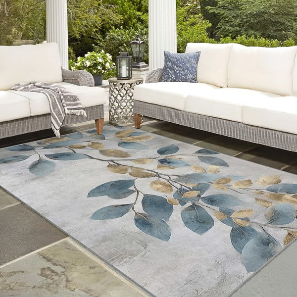 Gaiši zils/zelta krāsas mazgājams paklājs 160x230 cm Golden Leaves – Mila Home-image-4