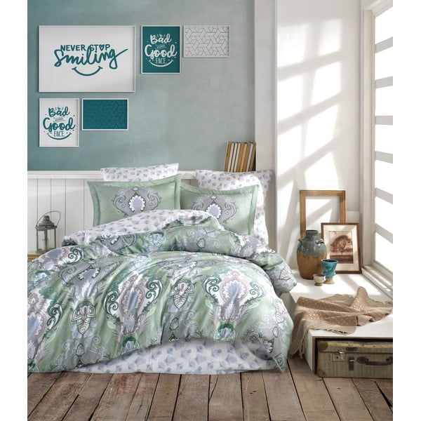 Zaļa kokvilnas satīna gultas veļa divvietīgai gultai Primacasa by Türkiz Mavarova, 160 x 220 cm
