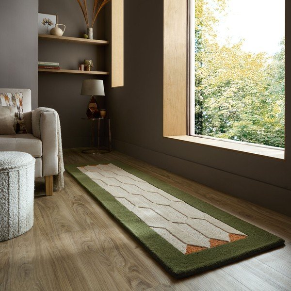 Zaļš/dabīga toņa ar rokām darināts vilnas celiņa paklājs 60x230 cm Apex Border Wool – Flair Rugs-image-1