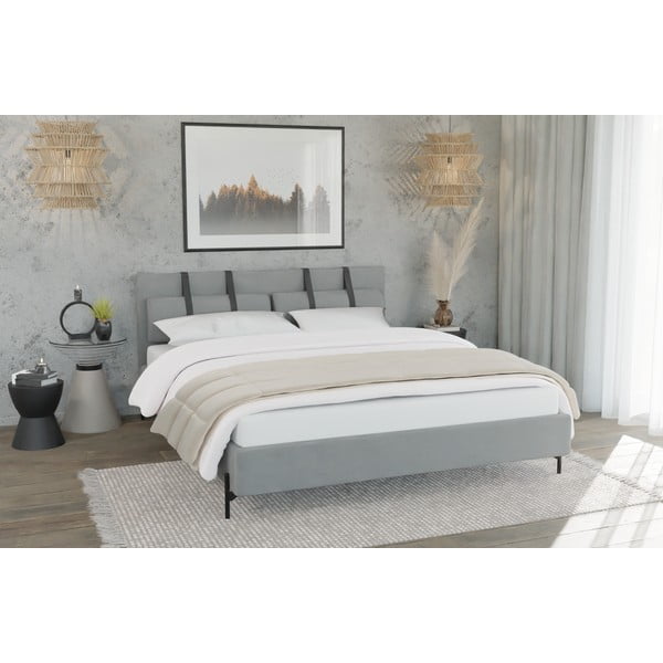 Gaiši pelēka polsterēta divvietīga gulta ar redelēm 180x200 cm Tulsa – Ropez-image-1