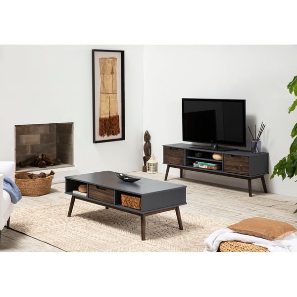 Antracīta pelēks/tumši brūns priedes masīvkoka TV galdiņš 140x52,5 cm Nussa – Marckeric-image-1