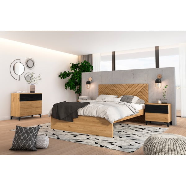 Dabīga toņa divvietīga gulta ar ozolkoka imitāciju 160x200 cm Zebra – Marckeric-image-1