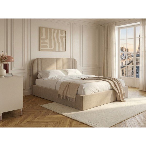 Bēša polsterēta divvietīga gulta ar veļas kasti ar redelēm 160x200 cm Sidney – Bobochic Paris-image-1