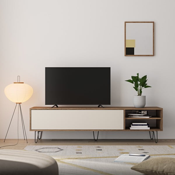 Krēmkrāsas TV galdiņš ar riekstkoka imitāciju 165x44 cm Aero – TemaHome -image-1