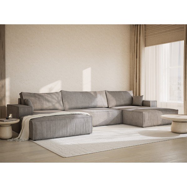 Pelēkbēšs salokāms (U veida) stūra dīvāns no šenila auduma ar uzglabāšanas vietu Kyoto – Maison de Rêve-image-1