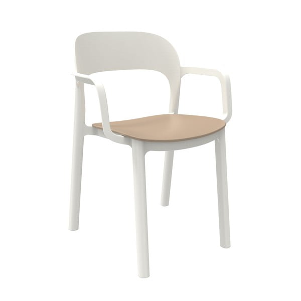 4 baltu dārza krēslu komplekts ar smilškrāsas krāsas sēdekļiem un roku balstiem Resol Ona