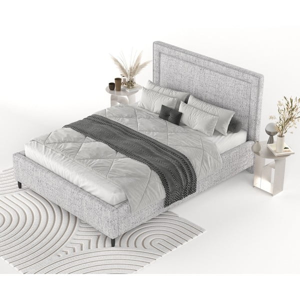 Gaiši pelēka polsterēta divvietīga gulta ar veļas kasti un redelēm 180x200 cm Baleine – Maison de Rêve-image-3