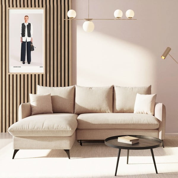 Bēšs salokāms stūra dīvāns ar uzglabāšanas vietu no buklē auduma (ar kreiso stūri/ar zvilni) Brim – Rodier-image-1