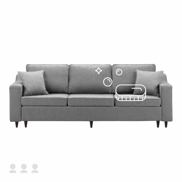 3 sēdvietu dīvāna ar auduma polsterējumu tīrīšana, sausā + mitrā tīrīšana