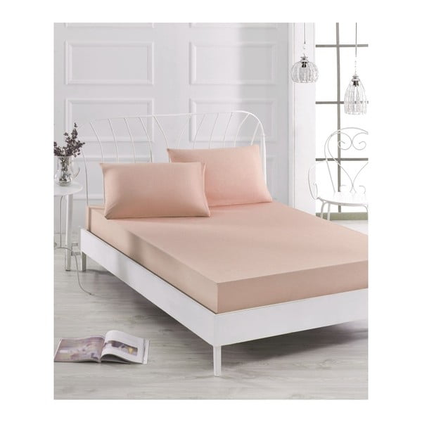 Gaiši rozā elastīgas gultas pārklājiņa un spilvendrānas komplekts vienvietīgai gultai Basso Merun, 100 x 200 cm
