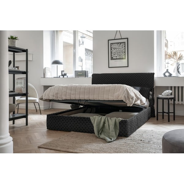 Melna mīksta divvietīga gulta ar režģi 160x200 cm Sleepy Luna – Miuform-image-1