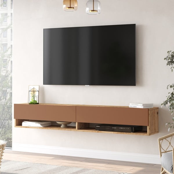 Ķieģeļu sarkans/dabīga toņa TV galdiņš ar priedes koka imitāciju 180x29x32 cm – Kalune Design-image-1