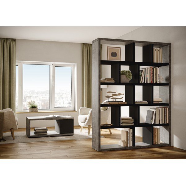 Melns/tumši pelēks grāmatplaukts ar betona imitāciju 150x198 cm Berlin – TemaHome-image-1