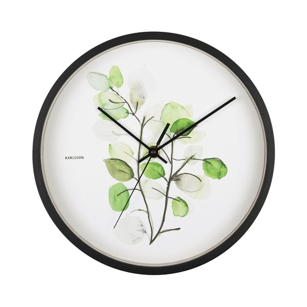 Zaļš un balts sienas pulkstenis melnā rāmī Karlsson Eucalyptus, ø 26 cm