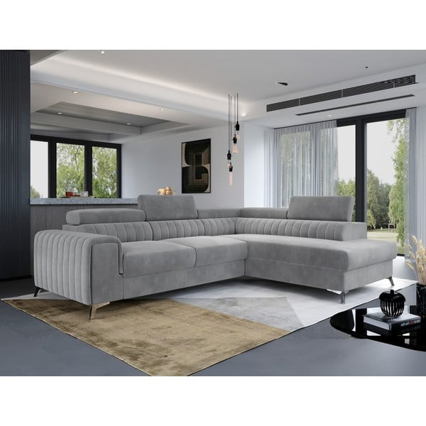 Pelēks samta salokāms/ar uzglabāšanas vietu stūra dīvāns (ar labo stūri/L veida) Laurence – ELTAP-image-4