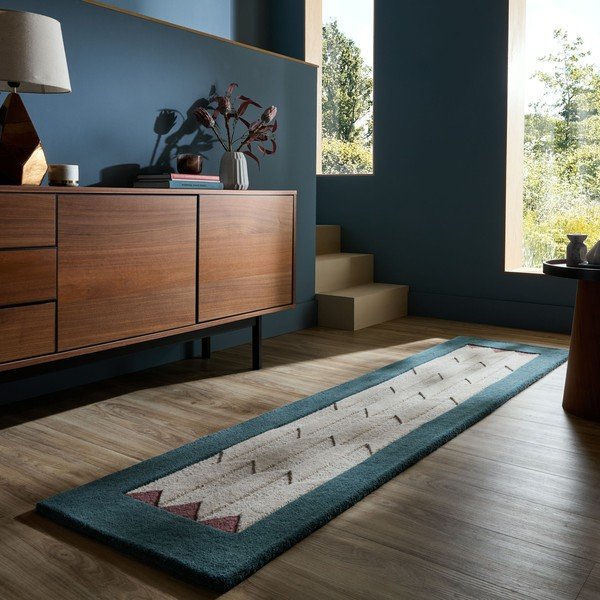 Dabīga toņa/zilganzaļš ar rokām darināts vilnas celiņa paklājs 60x230 cm Apex Border Wool – Flair Rugs-image-1