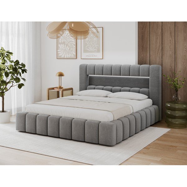 Pelēka polsterēta divvietīga gulta ar veļas kasti un ar redelēm 140x200 cm Lamica – ELTAP-image-2