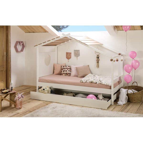 Balta bērnu gulta ar jumtiņu un izvelkamu atvilktni Marckeric Nayah, 90 x 190 cm-image-1