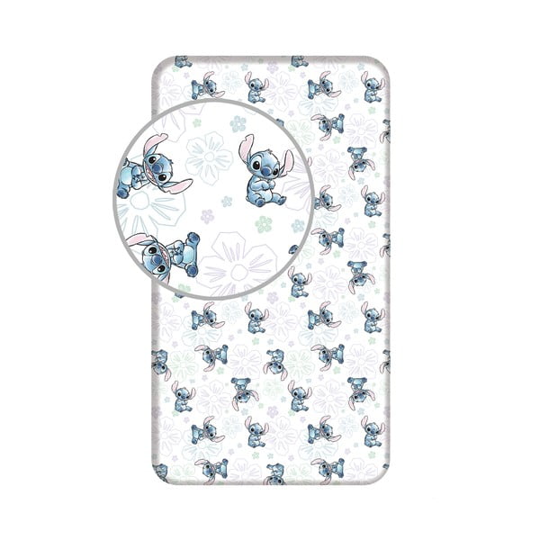 Balts vienguļamais kokvilnas bērnu palags ar gumiju 90x200 cm Lilo and Stitch "Ohana White"  – Jerry Fabrics