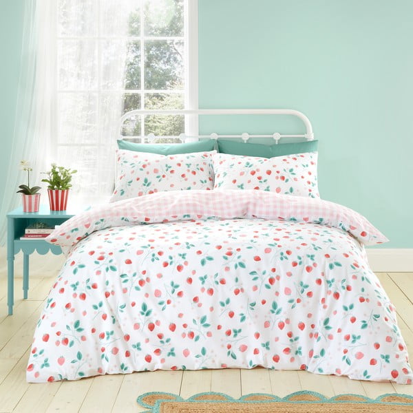 Balta/rozā divguļamā gultas veļa 200x200 cm Strawberry Garden – Catherine Lansfield