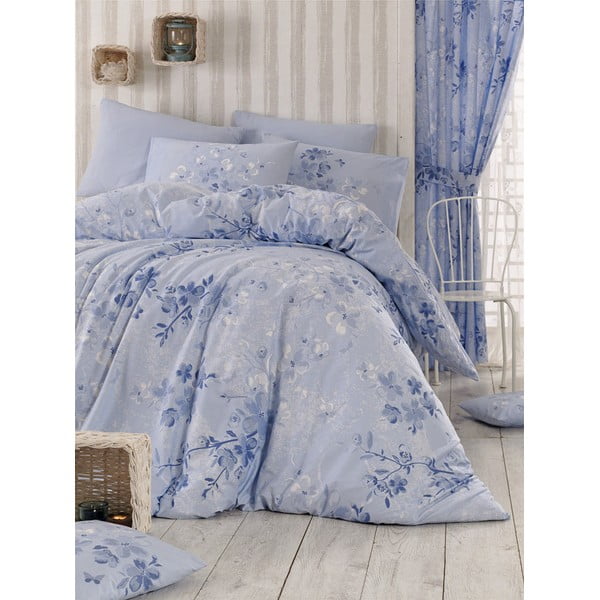 Gaiši zila pagarinātā kokvilnas gultas veļa divguļamai gultai ar palagu un segas pārvalku 220x240 cm Elena – Mijolnir