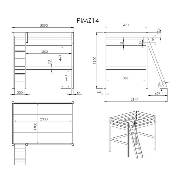 Balta bērnu gulta ar kāpnēm Vipack Pino, 140 x 200 cm-image-2