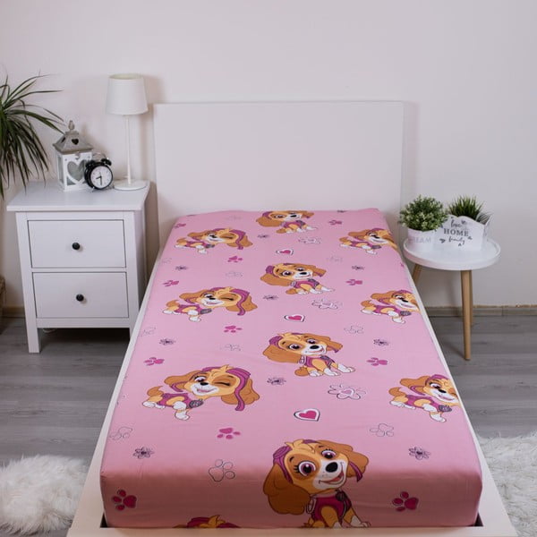 Rozā vienguļamais kokvilnas bērnu palags ar gumiju 90x200 cm Paw Patrol – Jerry Fabrics-image-1
