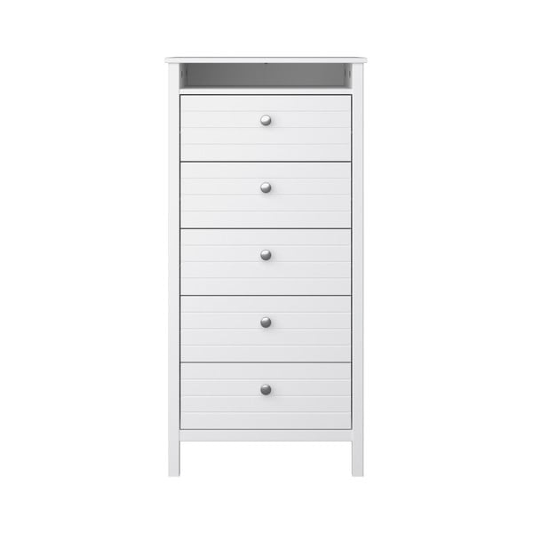 Balta šaura kumode ar 5 atvilktnēm Steens New York, augstums 120 cm