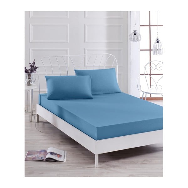 Zila elastīga palaga un 2 spilvendrānu komplekts vienguļamai gultai Basso Azul, 160 x 200 cm