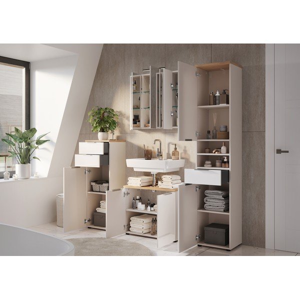 Krēmkrāsas spīdīgs augsts/šaurs vannas istabas skapis 39x190 cm Tavira – Germania-image-4