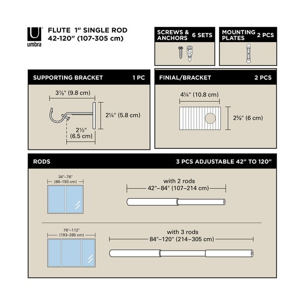 Matētas sudraba krāsas tērauda pagarināma aizkaru stanga 107–305 cm Flute – Umbra-image-4