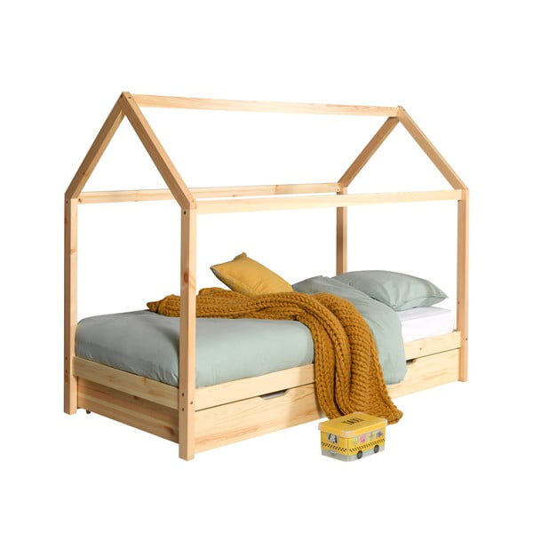 Dabīga toņa priedes masīvkoka bērnu gulta mājas formā/izvelkama ar veļas kasti 90x200 cm DALLAS – Vipack