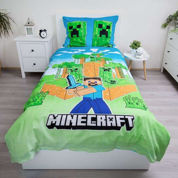 Vienguļamā kokvilnas bērnu gultas veļa ar spīdošu efektu 140x200 cm Minecraft "Jungle Fight" – Jerry Fabrics-image-1