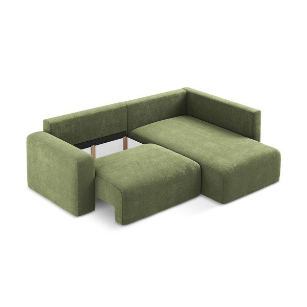 Zaļš salokāms stūra dīvāns no šenila auduma ar uzglabāšanas vietu (ar labo stūri/L veida) Kona – Makamii-image-4