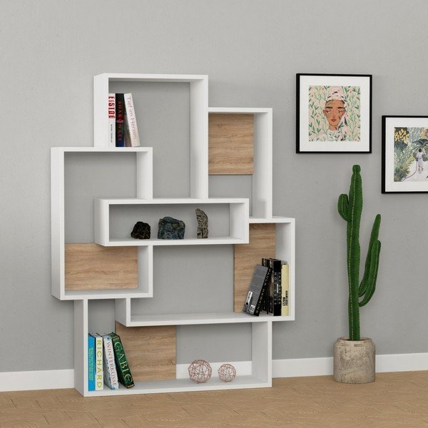Balts grāmatu plaukts ar ozolkoka detaļām Barce White Oak-image-1