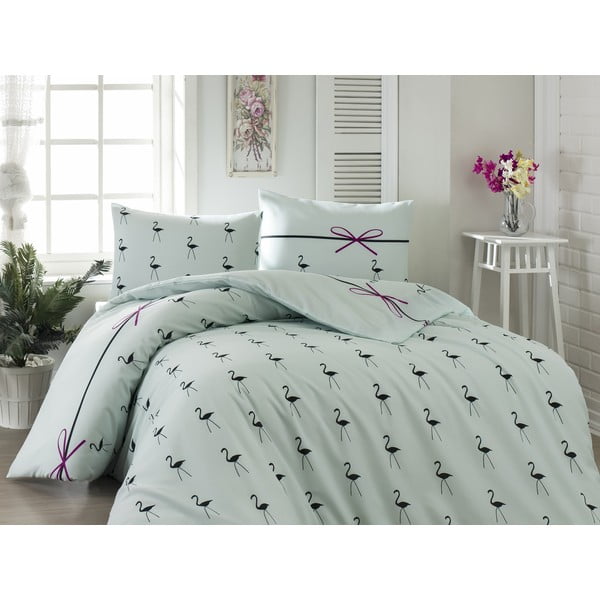 Kokvilnas gultasveļa ar divguļamās gultas pārklāju un 2 spilvendrānām Flamingo Mint, 200 x 220 cm