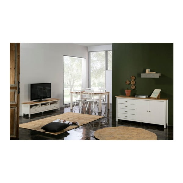 Balta priedes masīvkoka kumode ar 4 atvilktnēm Marckeric Jade, garums 150 cm-image-1