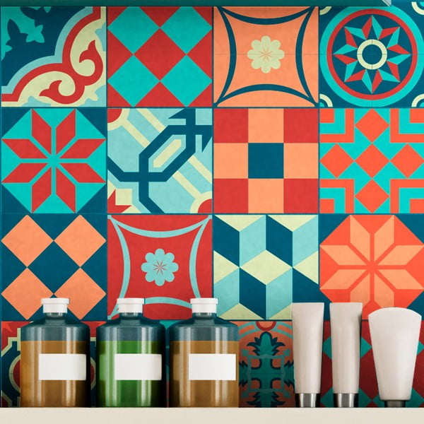 Komplekts no 16 sienas uzlīmes flīzes Azulejos krāsains Vintage stilā, 10 x 10 cm