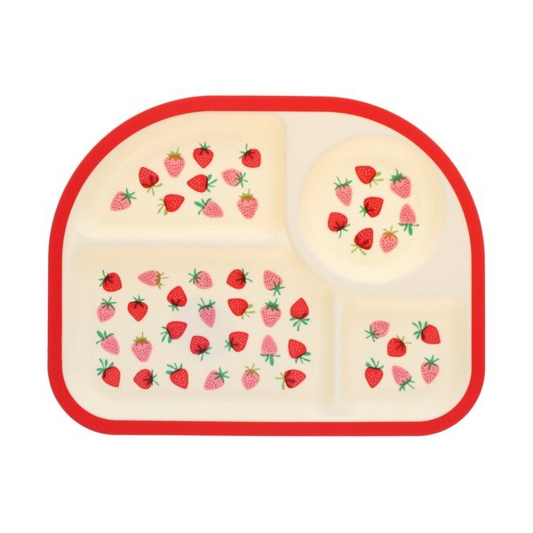 Sarkans/bēšs plastmasas bērnu šķīvis 21x27 cm Little Strawberry – Rex London