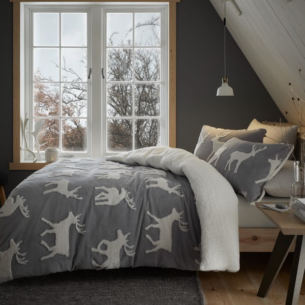 Balti pelēka gultas veļa 200x200 cm Stag Sherpa – Catherine Lansfield-image-1