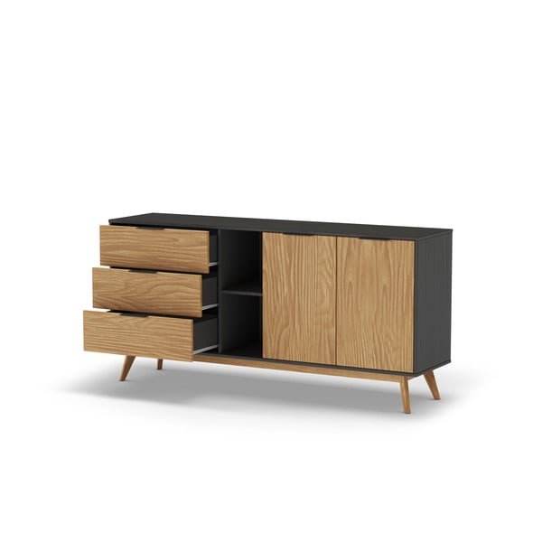 Melna/dabīga toņa zema priedes kumode 165x80 cm Lavis – Marckeric-image-2