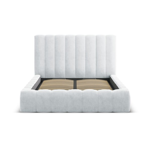 Gaiši pelēka polsterēta divvietīga gulta ar veļas kasti un redelēm 160x200 cm Kelp – Micadoni Home-image-3