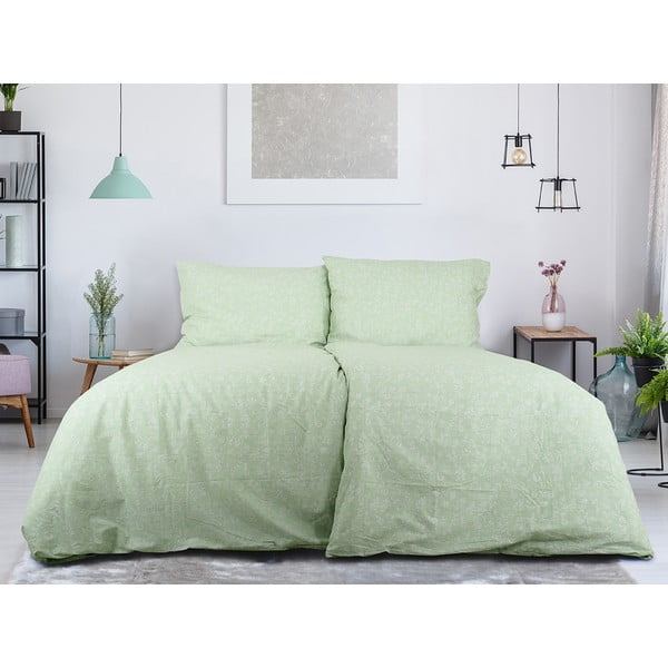 Zaļa vienguļamā gultas veļa no krepa auduma 140x200 cm Green Flowers – B.E.S.