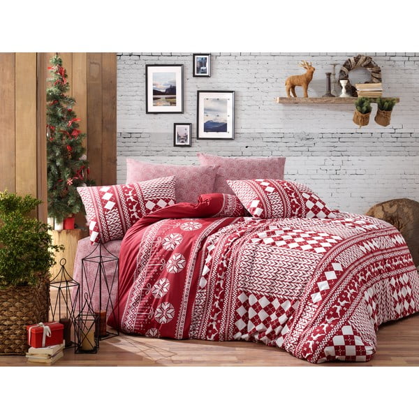 Gultas veļa ar gultas pārklāju vienguļamai gultai no ranforce kokvilnas Nazenin Home Deer Claret Red, 160 x 220 cm